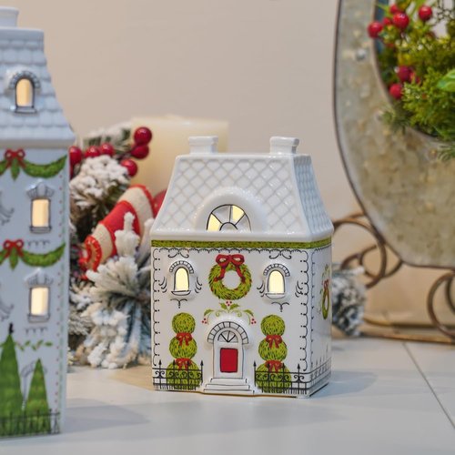 Cynkeyee Village House Christmas Decorations - 6-Inch White Ceramic Décor with Lights for Indoor Tabletop
