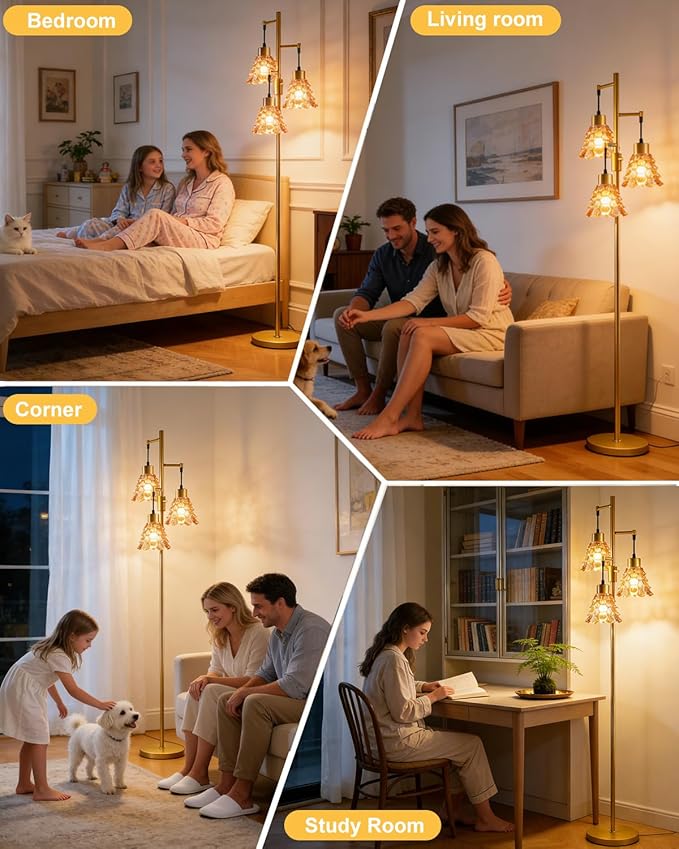 Lightdot 67" Glass Floor Lamps for Living Room, 3-Light Dimmable Floor Lamp with Brown Glass Shade& E12 Bulbs Included, Mid Century Standing Tall Lamp for Bedroom/Sofa Beside/Corner Decor-Gold