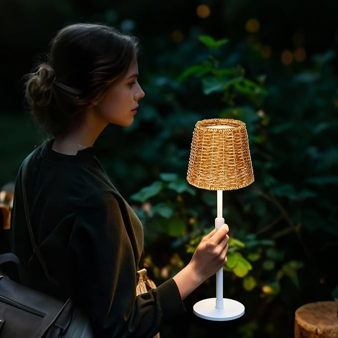 Mr.White Outdoor Waterproof Rechargeable Cordless Table Lamp with Telescopic Pole & Wicker Shade, 5200mAh Battery Operated Table Light with Touch Control, for Patio Restaurant Kitchen (White)