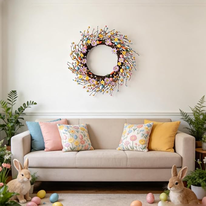 Idyllic 22 Inch Minimalist Fresh Easter Wreath with Easter Eggs Daisies and Carrot Decorations for Front Door Window Living Room Fireplace Easter Decor