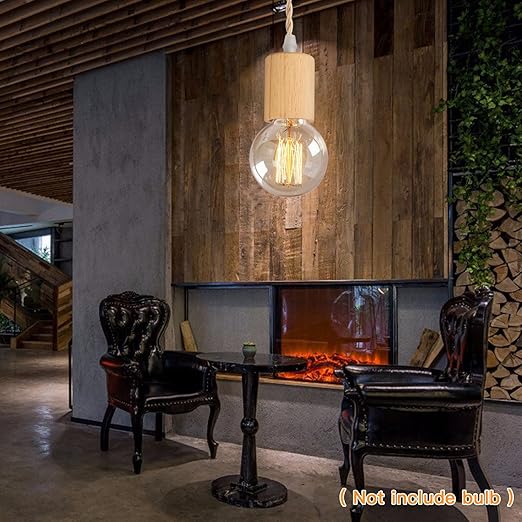 15FT Wood Pendant Light Cord Kit, Swag Hanging Lamp Kit with Plug In & Switch, Hanging Lights DIY Farmhouse Industrial E26 Socket Pendant Light Fixtures Vintage 15ft Twisted Cloth Covered Wire