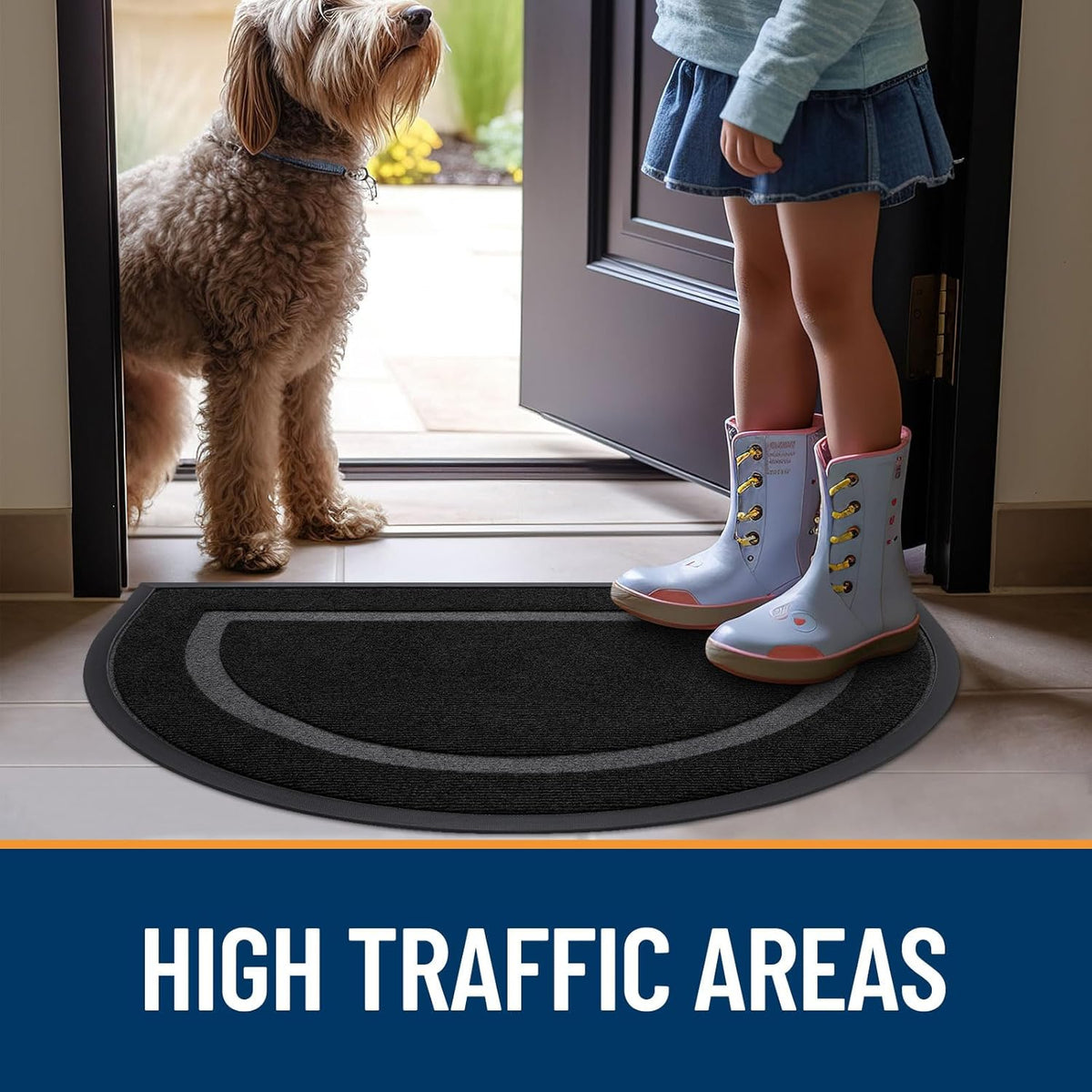 OLANLY Half Circle Door Mat - Waterproof All-Season Indoor/Outdoor Welcome Mat | Sturdy Natural Rubber, 29.5x17, Black