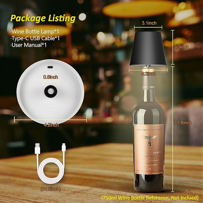2025 New Wireless Bottle Lamp - LED Bottle Lights for Liquor & Wine Bottles, Cordless Lampshade, Whiskey Bottle Top Light, Bottle Stopper Night Light Kit, Rechargeable 3-Tone Touch-Dimmable