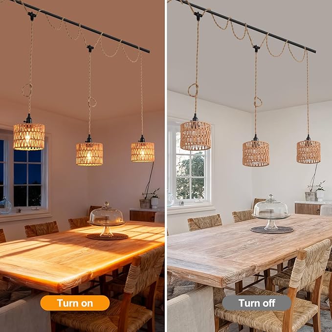 3-Light Hanging Light with Plug in Cord,Plug in Pendant Light 22ft Hemp Rope Pendant Lighting Vintage 3-Light Hanging Lamp Fixtures for Kitchen Island Living Room Bedroom