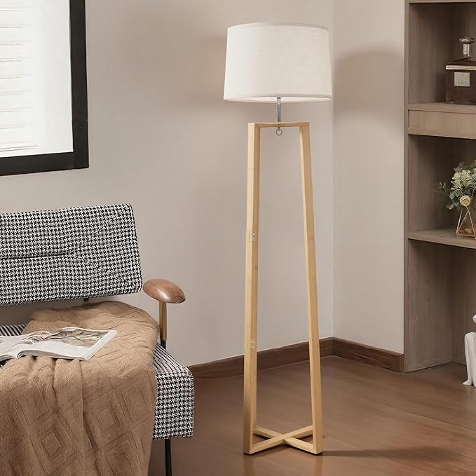 66" Bamboo Corner Floor Lamp with Linen Shade, Boho Rustic Standing Lamp for Living Room Bedroom Office, Modern Natural Tall Floor Lamp with E26 Base