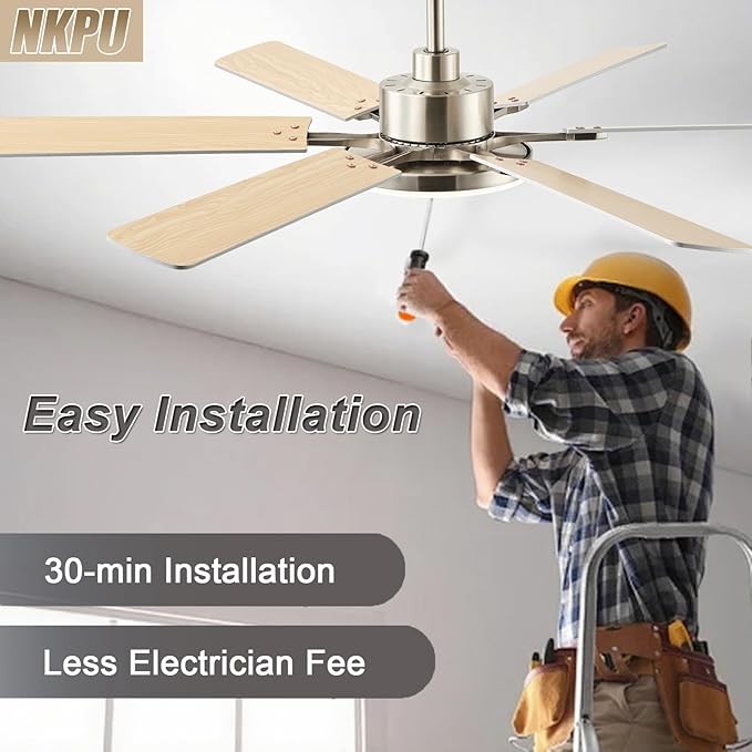 56 Inch Ceiling Fans with Lights, Large Modern Nickel Ceiling Fan with Light and Remote Control, 6 Double Sided Blades, 6 Speed DC Motor, Dimmable LED, Silent Timing, Indoor Outdoor Patio Use