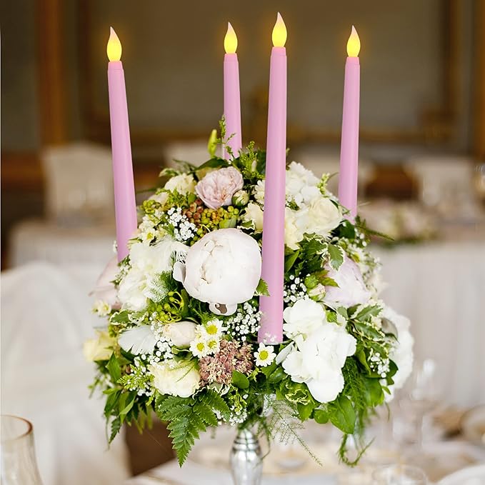 Pink Flameless Taper Candles with Remote, Flickering Battery LED Candlesticks Spring Home Decor Set of 6