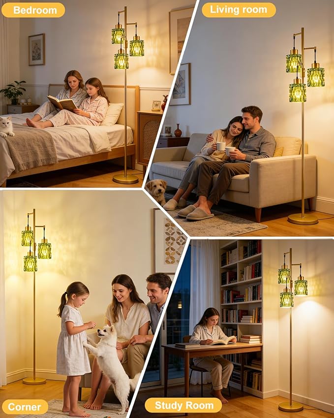 3-Light Floor Lamps for Living Room, Farmhouse Dimmable Gold Floor Lamp with Green Glass Shade& Bulbs Included, Mid Century Standing Tall Lamp for Bedroom/Sofa Beside/Corner