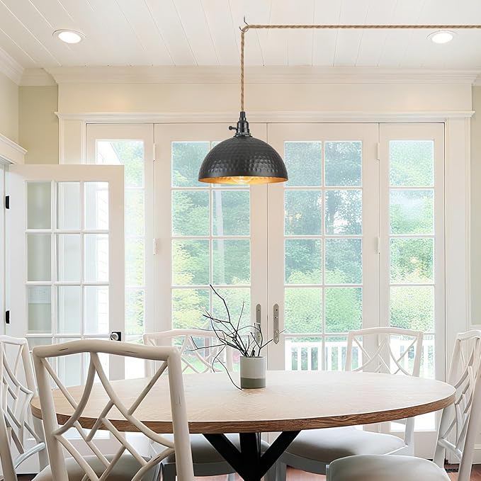 Plug in Pendant Lights Hammered Dome Hanging Lamp with Dimmable Switch 15 Ft Long Hemp Rope Farmhouse Pndant Light Cord Lighting Fixture DIY Hanging Light