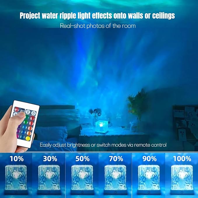 Rechargeable Ocean Wave Projector Light, 16 Color Changeable & Dimmable Shower Lamp with Remote, Cube Mood Ambient Lighting, Ocean Room Decor, Cordless Night Light for Bathroom, Room Decor