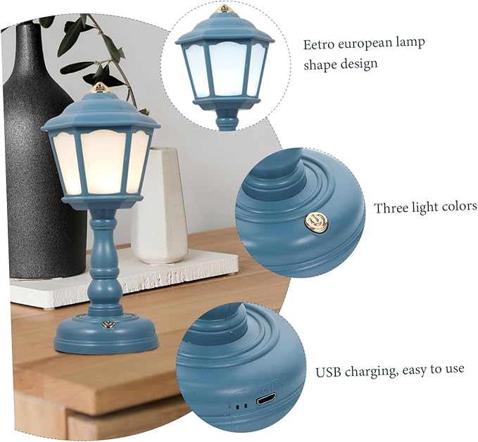 Healifty Vintage USB Rechargeable Table Lamp Level Dimmable Mini Night Light for Bedroom Decor Eye Caring Creative Retro Style Decorative Tabletop Lamp Compact Space Saving Design in Blue