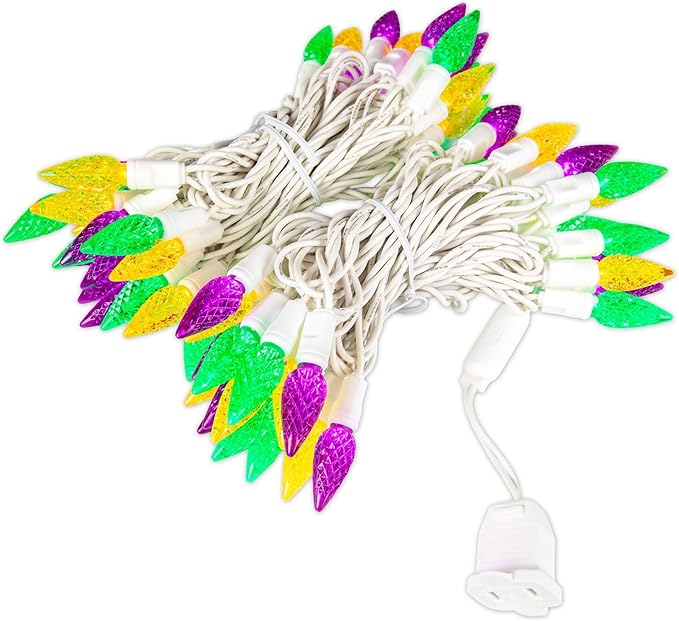 70 Light 24Ft Mardi Gras Lights Commercial String Lights C6 LED Strawberry Faceted Bulb – Yellow/Purple/Green, White Wire, Indoor/Outdoor, Full Wave No Flicker, Connect 43 Sets