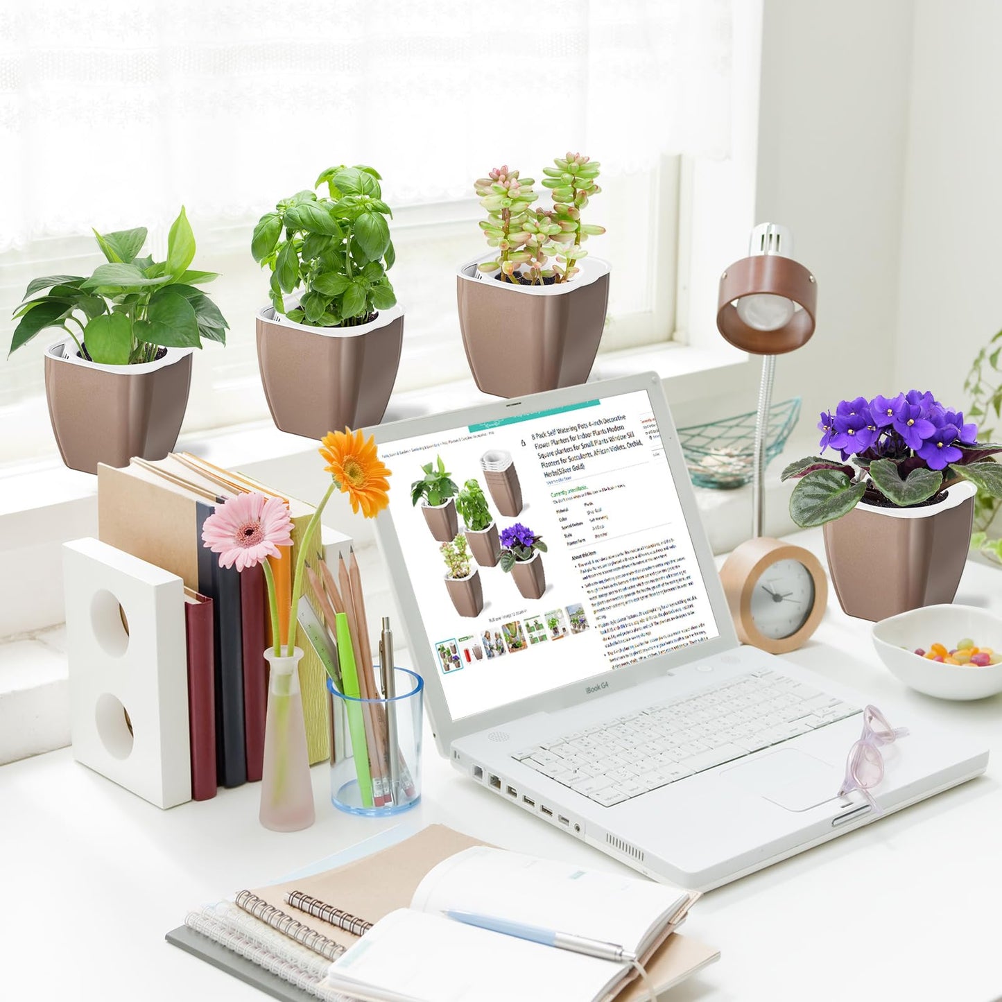 Oliz 4 Pack Self Watering Pots 4-inch Decorative Flower Planters for Indoor Plants Modern Square planters for Small Plants Window Sill Planters for Succulents, African Violets, Herbs(Sliver Gold)