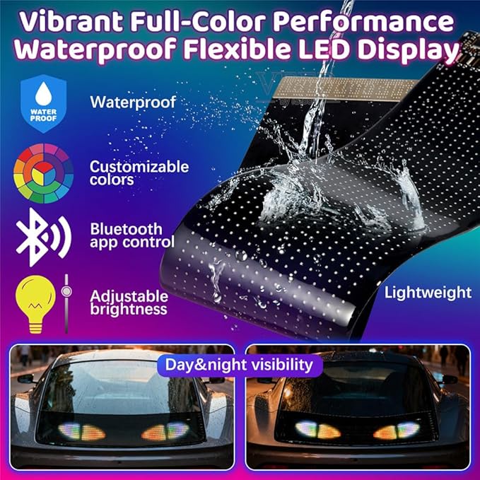 Led Eyes for Car Windshield 2PCS - 23.42x4.72In Programmable Flexible Display Lights, One Click Dual Screen Synchronization, App/Remote Control, USB Powered, Led Windshield Eyes for Cars/Trucks/SUVs