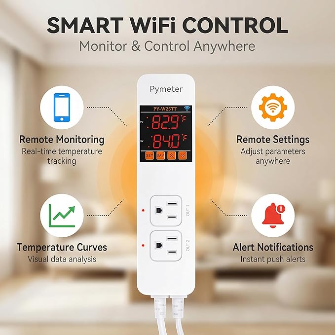 WiFi Temperature Controller with Dual Probes, Smart Digital Thermostat with Two Outlets for Reptile Heat Mat, Greenhouse Seedlings, Homebrew Fermentation, Cooling Fan, Remote App Control