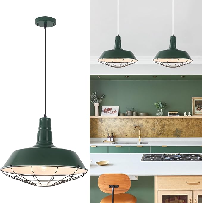Green Industrial Pendant Lights Kitchen Island, 18.1 Inch Large Pendant Light, Farmhouse Pendant Light with Wire Cage, Barn Pendant 2 Pack, Island Pendant Lights for Kitchen Dining Room