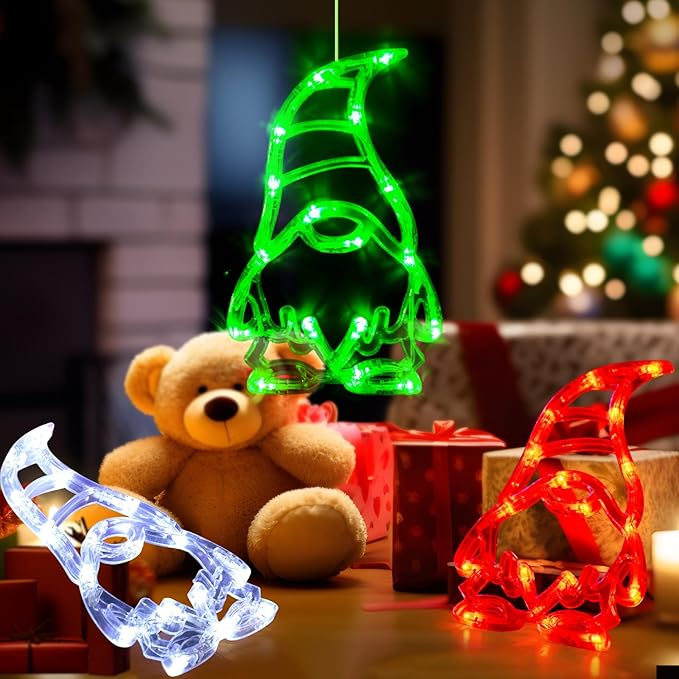 LOLStar Christmas Window Lights 3 Pack Red White and Green Gnomes Xmas Lights with Suction Cups 2025 Upgrade Timer Function and Slowly Fade Mode Battery Operated Indoor Decors Christmas Decorations