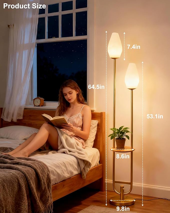 Lightdot 63IN Gold Floor Lamp with Shelf, Mid Century U-Shaped Tall Standing Lamps with Rock-Shaped Shades& Bulb Included, Modern Floor Lamp for Living Room/Wedding/Party/Sofa Beside/Corner Decor