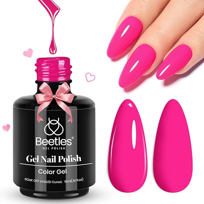 Beetles Pink Gel Nail Polish - Year 2 Kilo Hot Pink Gel Polish, 15ML/0.51Fl Oz Neon Color, Soak Off UV LED Lamp Nail Art, Long-Lasting Manicure Salon DIY Home Spring Nails - Gifts for Her