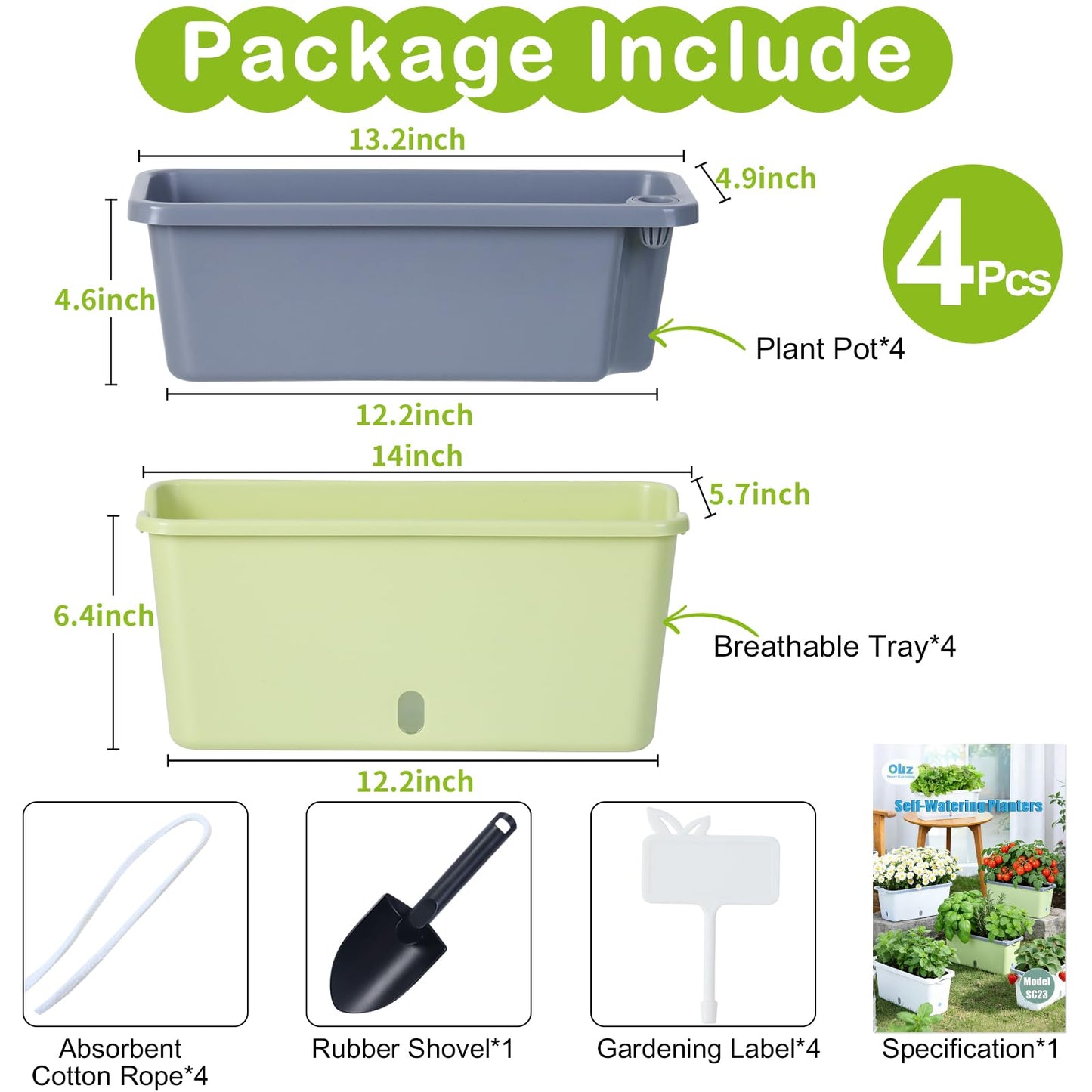 Oliz Window Box Planter 4 Packs, 14 Inches Rectangle Flower Pots with Breathable Drainage Holes, Pots for Vegetables, Herbs, Flowers, Garden Windowsill Balcony (Green & Grey)