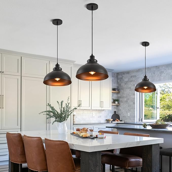 Pendant Lighting Vintage Industrial Fixtures, Farmhouse Pendant Lamp, Hanging Light Fixtures with Metal Shade (Black Inside), Industrial Black Pendant Lights for Hallway Kitchen Island Dining Room