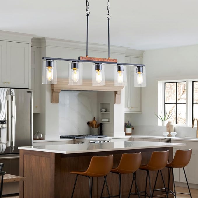 WILON Kitchen Island Lighting, 5 Lights Black Linear Chandeliers Modern Farmhouse Chandelier with Glass Shades for Kitchen Island Living Dining Room Foyer Bedroom(Black,5 Lights)
