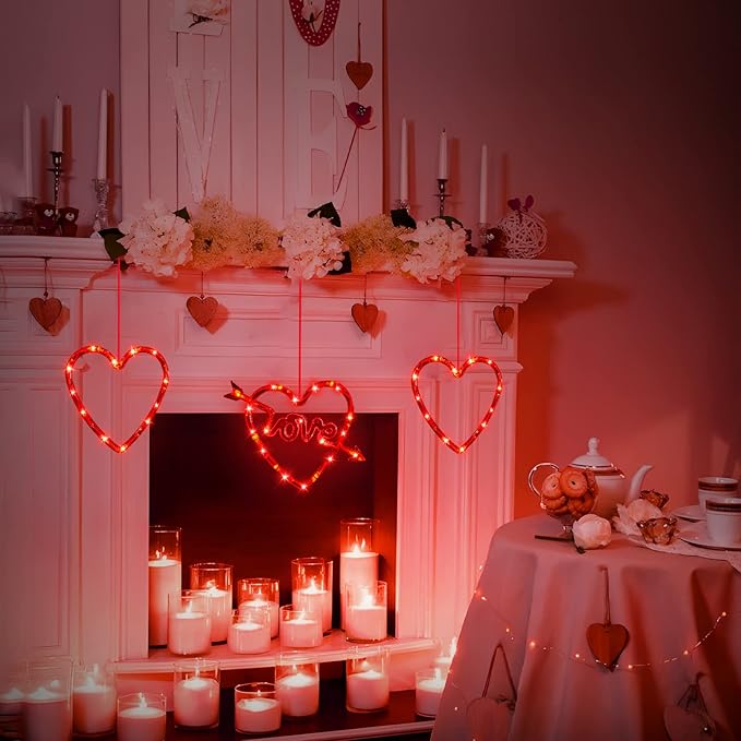 3 Pack Valentines Day Window Lights Decorations with Timer, Battery Powered Hanging Red Lighted Heart Shaped Silhouette Sucker LED Lamp for Fireplace Indoor Home Decor