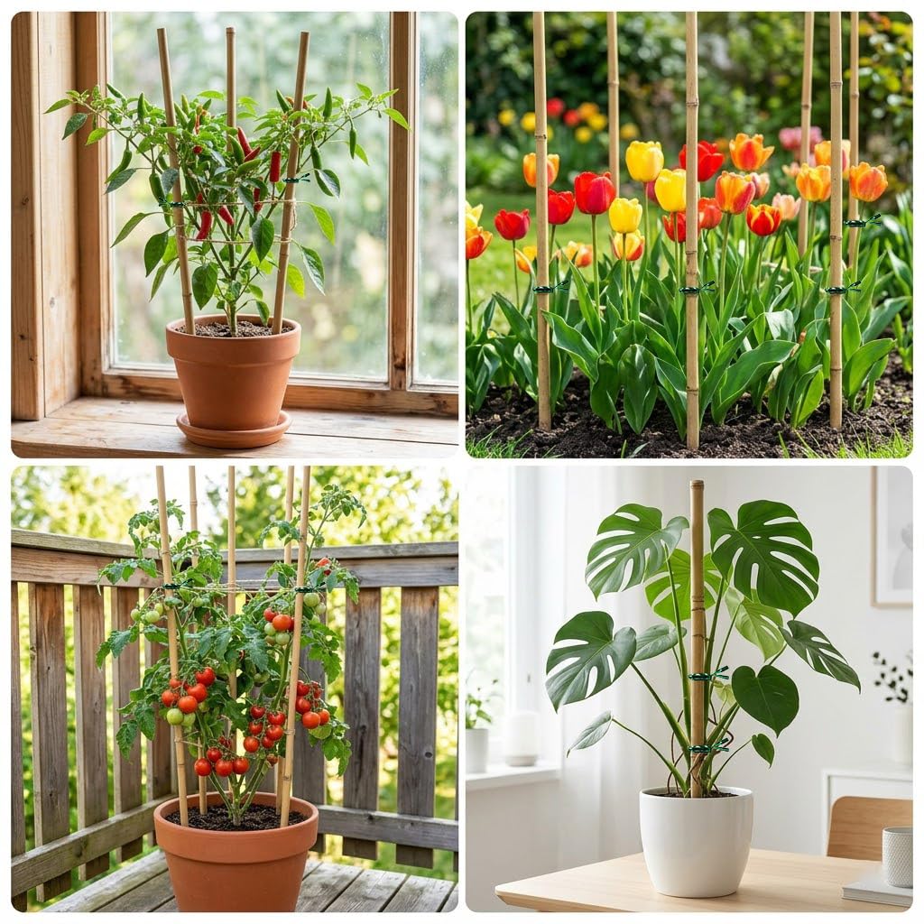 Plant Stakes Natural Bamboo Sticks - 20 Pcs Bamboo Garden Stakes for Plants 4.8 FT Plant Support Sticks with Twist Ties for Tomatoes Beans Flowers Indoor Outdoor Potted Climbing Plants
