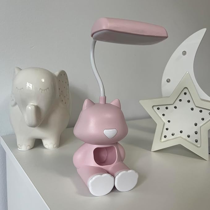 Cute Cat LED Desk Lamp with Phone Stand β Flexible Gooseneck, Rechargeable Battery, Small Organizer Compartment β Night Light for Kids' Rooms or Nursery (Pink)