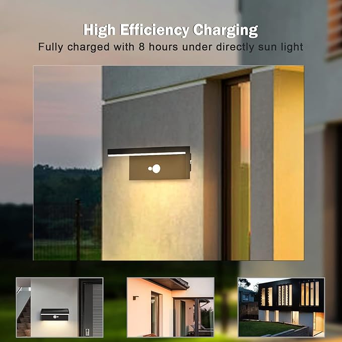 Solar Outdoor Wall Lights 2 Pack,Motion Sensor Waterproof Dusk to Dawn Solar Porch Wall Mount Lamp Black Modern Exterior Light Fixture 3000K 5W for Garage House Patio