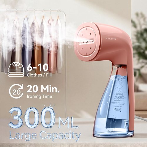 HiLIFE Clothes Steamer - 1100W Fast Wrinkle Removal, 300ml Tank, Compact & Portable - Pink