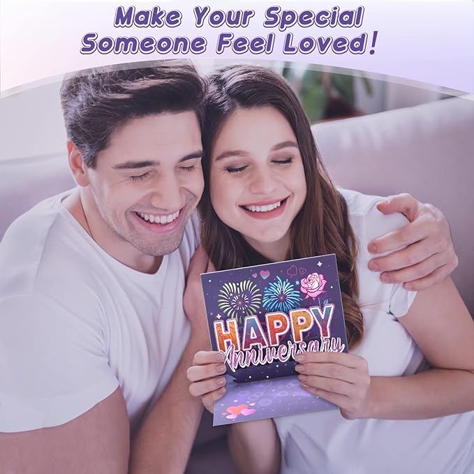 LIGHTS & FIREWORKS Pop Up Anniversary Cards for Couple, Romantic Flower Greeting Card for Wife, Wedding Anniversary Cards for Her with Envelop