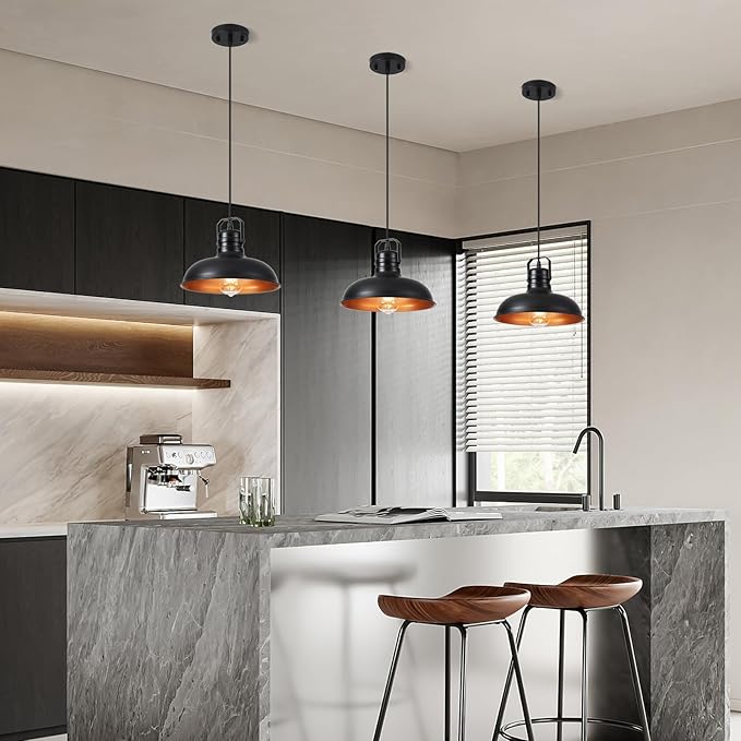 Industrial Pendant Light, 10.5 Inch Farmhouse Small Black and Gold Chandelier, Vintage Hanging Light Fixture with 71'' Height Adjustable Cord for Kitchen Island, Dining Room, Bedroom - 1 Pack