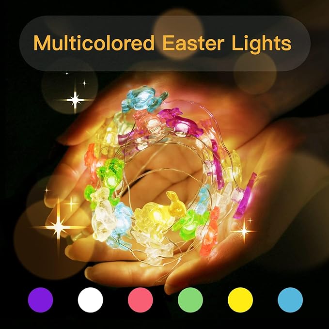 suddus Easter Bunny Battery Operated String Lights, 12.8ft 40LED Waterproof Colorful Easter Fairy Lights with Timer, Easter Lights String Led for Indoor, Tree, Mantle, Table, Outdoor, Spring Decor