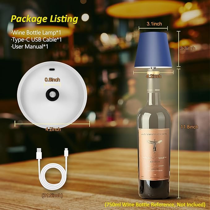 2025 New Wireless Bottle Lamp - LED Bottle Lights for Liquor & Wine Bottles, Cordless Lampshade, Whiskey Bottle Top Light, Bottle Stopper Night Light Kit, Rechargeable 3-Tone Touch-Dimmable