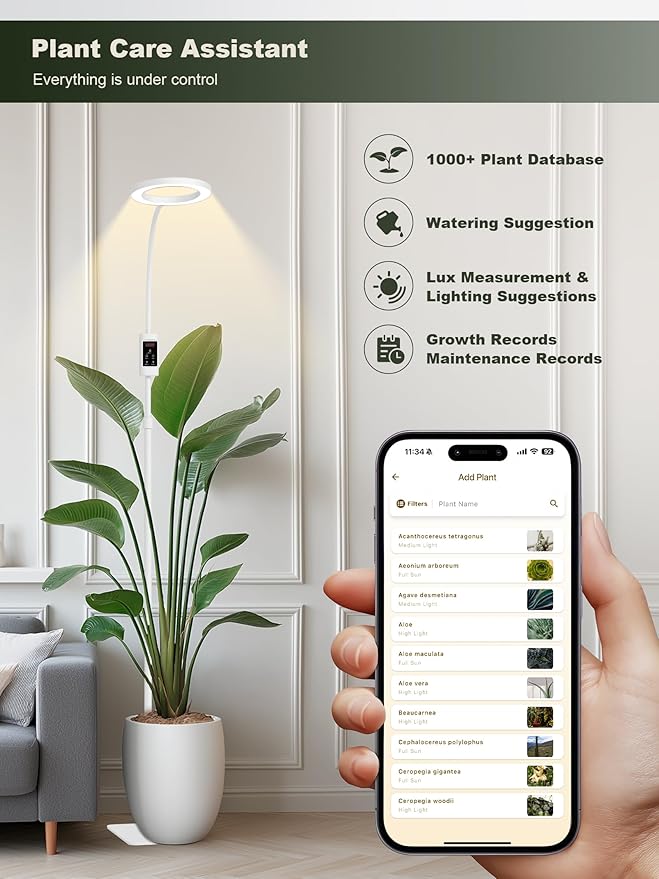 GLOWRIUM Smart Grow Lights for Indoor Plants, 24W Full Spectrum Plant Lights with Bluetooth App, Adjustable Height 47-70.9", Auto Timer, Indoor Plant Lamp for Large Tall Plants(White 24W)
