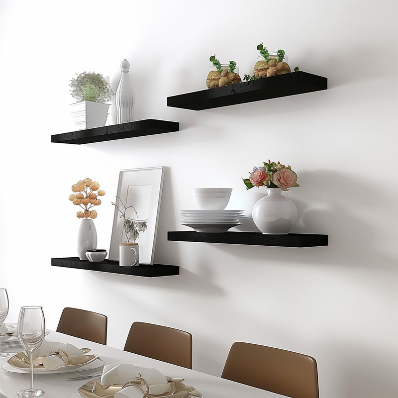YFYEO Black Wood Floating Shelves for Wall Rustic Wall Shelf for Bedroom Living Room Set of 4