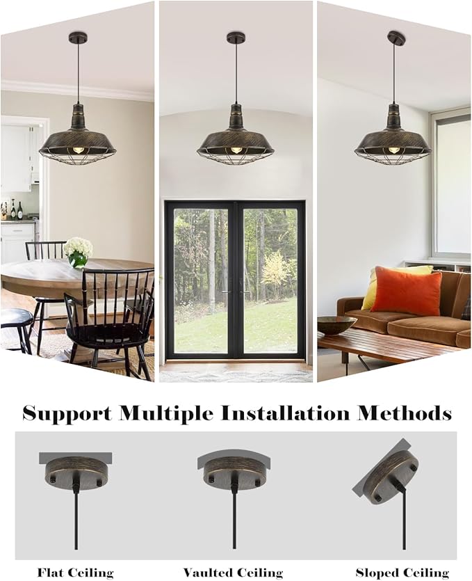 Brass Industrial Pendant Lights 2 Packs, 18.1 Inch Oversized Farmhouse Vintage Pendant Light, Black and Brass Barn Pendant Light with Wire Cage, Island Pendant Lights for Kitchen Warehouse