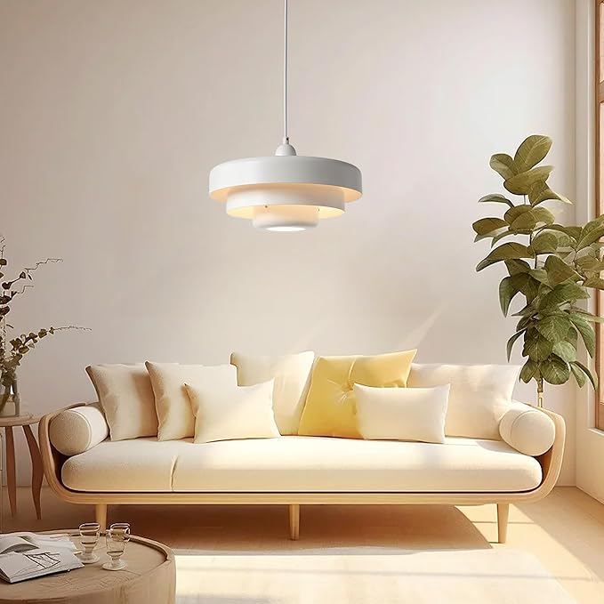 Mid Century Pendant Light Fixtures Ceiling Pendant Lighting 3-Layer Metal Shade Design Vintage Flush Mount Light for Dining Table Kitchen Island Hallway (White)