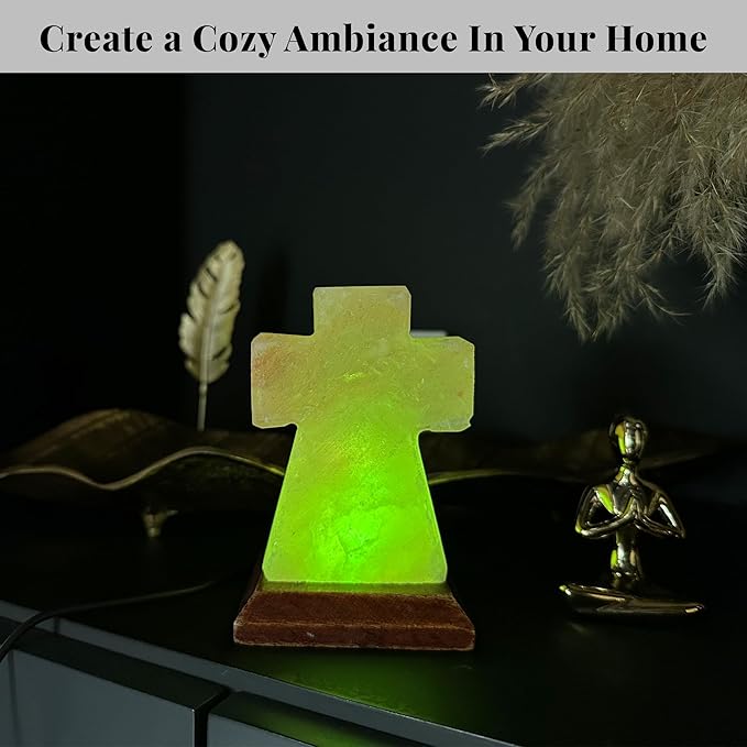 POHS Himalayan USB Mini Salt Lamp, 7 Color Changing LED Bulb, Hand Crafted Crystal Rock Salt Night Light for Home Decor, Desk, and Gift | Premium Quality Wood Base and USB Cable (Cross)