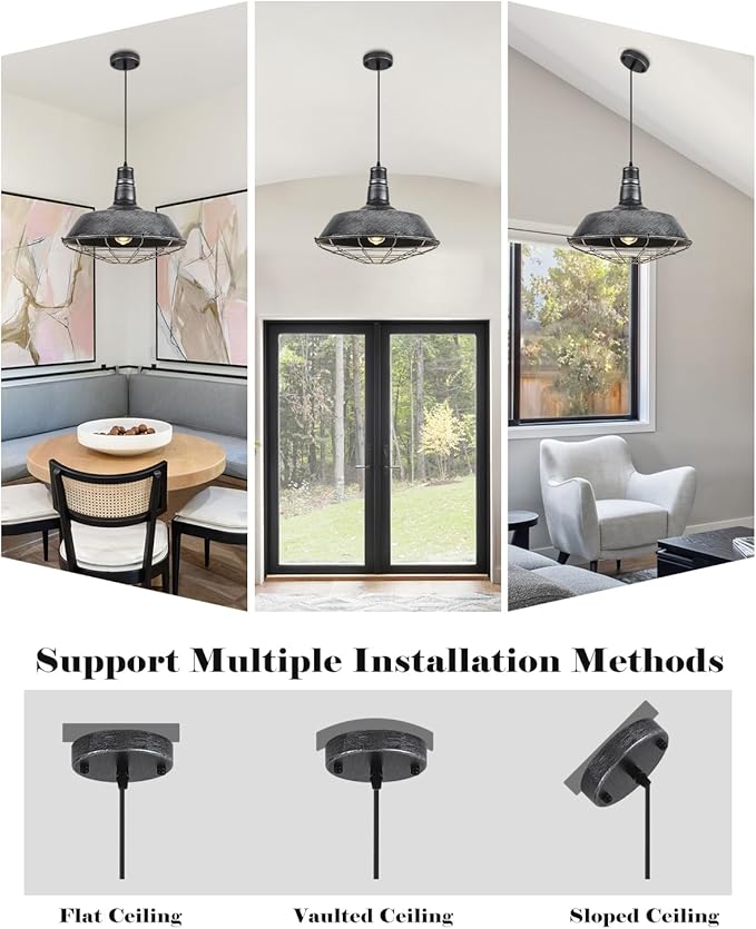 Large Pendant Lights Kitchen Island 1 Pack, 18.1 Inch Oversized Industrial Pendant Light, Black and Silver Barn Pendant Light with Wire Cage, Farmhouse Pendant Lights for Kitchen Barn