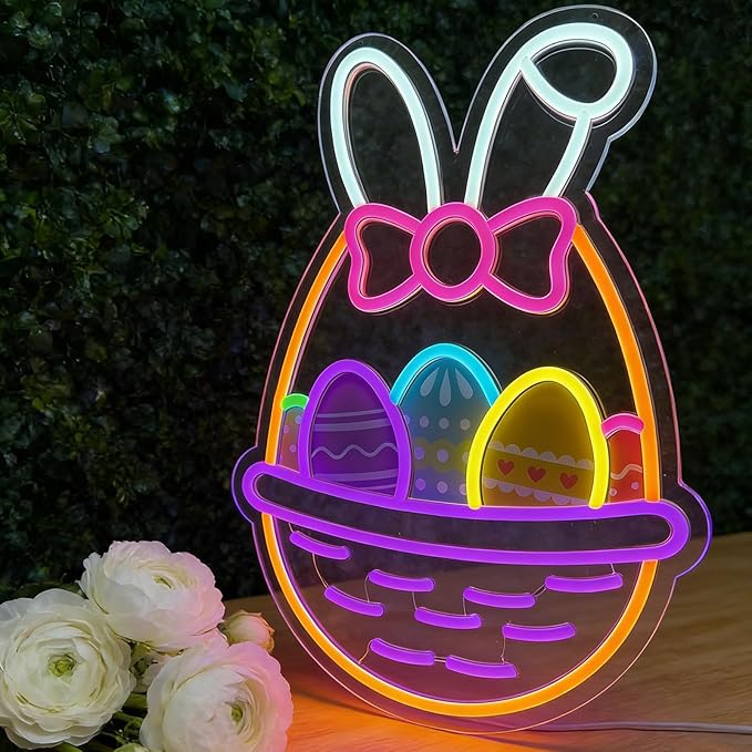 16 In Easter Egg Basket Neon Sign with Bunny Dimmable Bow Egg Basket Led Sign Neon for Wall Decor for Window Party Gifts Bedroom Holiday Spring Bar Home Business Holiday