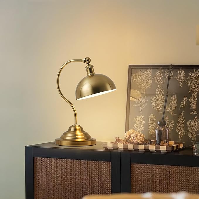 Cordless LED Table Lamp Set of 2, Battery Operated Desk Lamps with Swing Arm & Plastic Shade, Vintage Small Rechargeable Dimmable Light for Bedroom, Living Room, Nightstand, Brass
