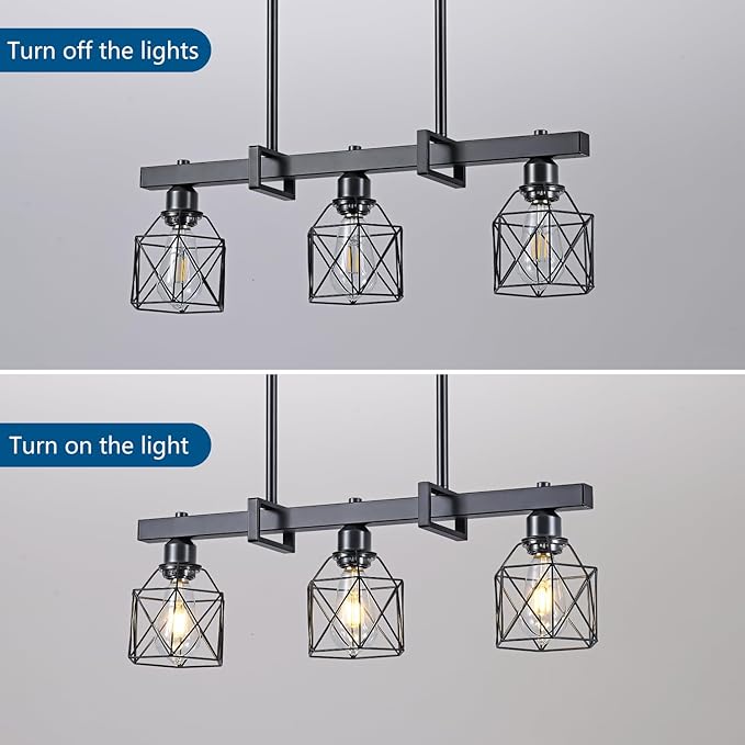 3-Light Vintage Industrial Pendant Light Over Table, Adjustable Hanging Light with Matte Black Metal Frame, E26 Base Modern Rustic Chandelier for Kitchen Island