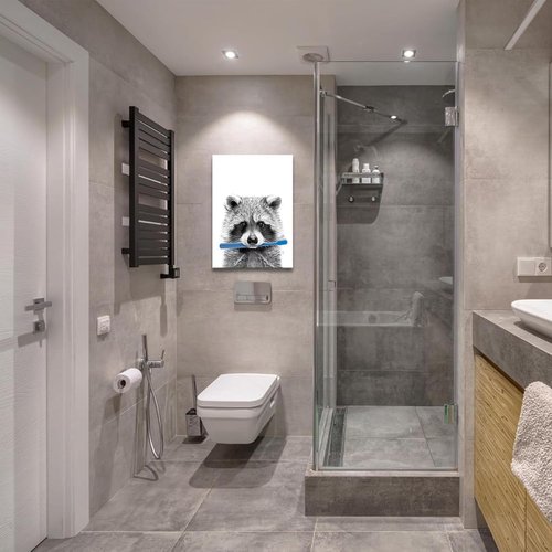 Danseed 4pcs Raccoon Bathroom Canvas Wall Art - Modern Black & White Animal Decor for Washroom