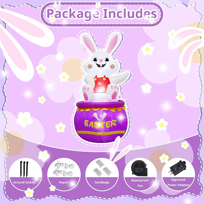5FT Easter Bunny Inflatable Outdoor Decorations Build-in LED Lights,Cute Easter Rabbit Egg Blow Up Indoor Outdoor Decor, Spring Summer Outdoor Decor,Holiday Addition for Party,Yard,Garden, Lawn