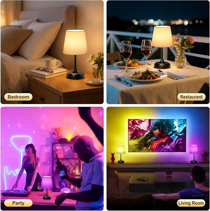 Small Cordless Table Lamp Rechargeable,5000mAh Battery Operated Desk Lamp,3 Colors & 7 RGB Stepless Dimmable,Touch Ambient Light for Bedside,Bedroom,Dining Room,Living Room,Black,WhiteShade
