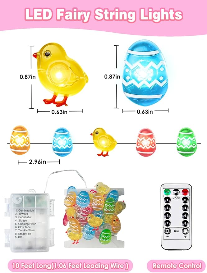 Easter Decoration Fairy Lights, 10 FT 30 LED Multicolor Eggs Chicken String Lights Battery Operated with Remote, 8 Modes Waterproof LED Light Mini Decor for Outdoor Indoor Easter Party Home DIY Decor