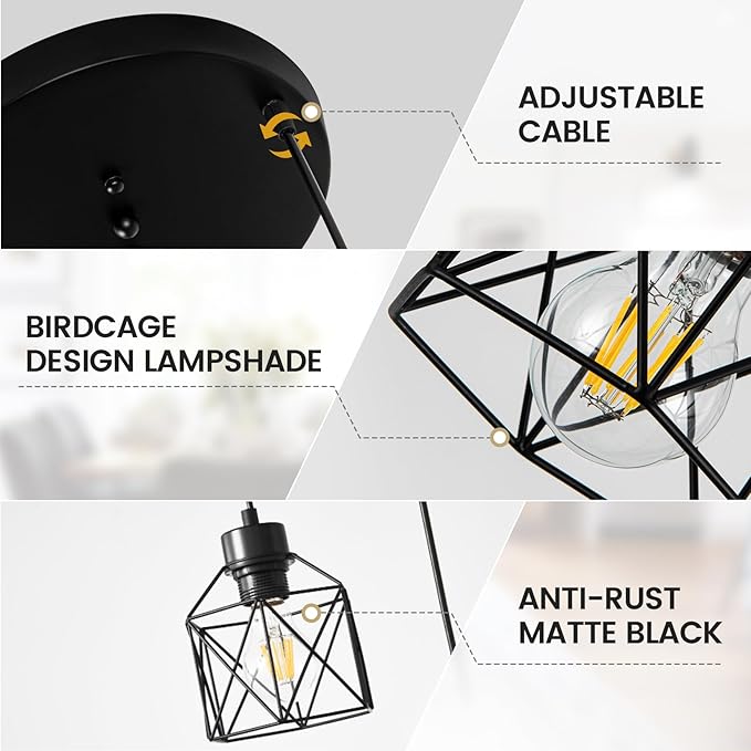 3-Light Pendant Light Fixtures, Farmhouse Hanging Pendant Lighting, Dining Room Chandelier, Industrial Kitchen Island Hanging Light Fixture, Black Metal Cage Pendant Ceiling Lamp for Kitchen