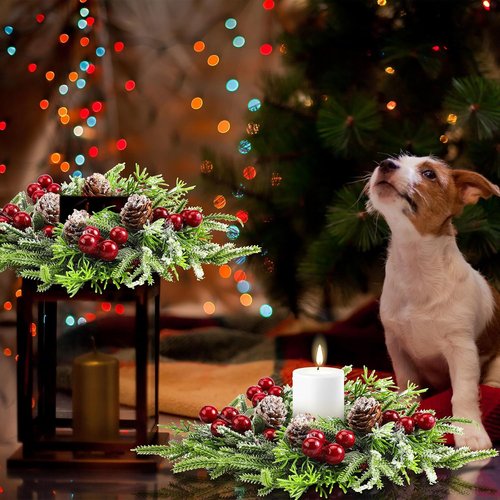 Lyrow Christmas Candle Rings - 6 Pcs Mini Wreaths with Artificial Berries & Snowy Pine | Holiday Decor